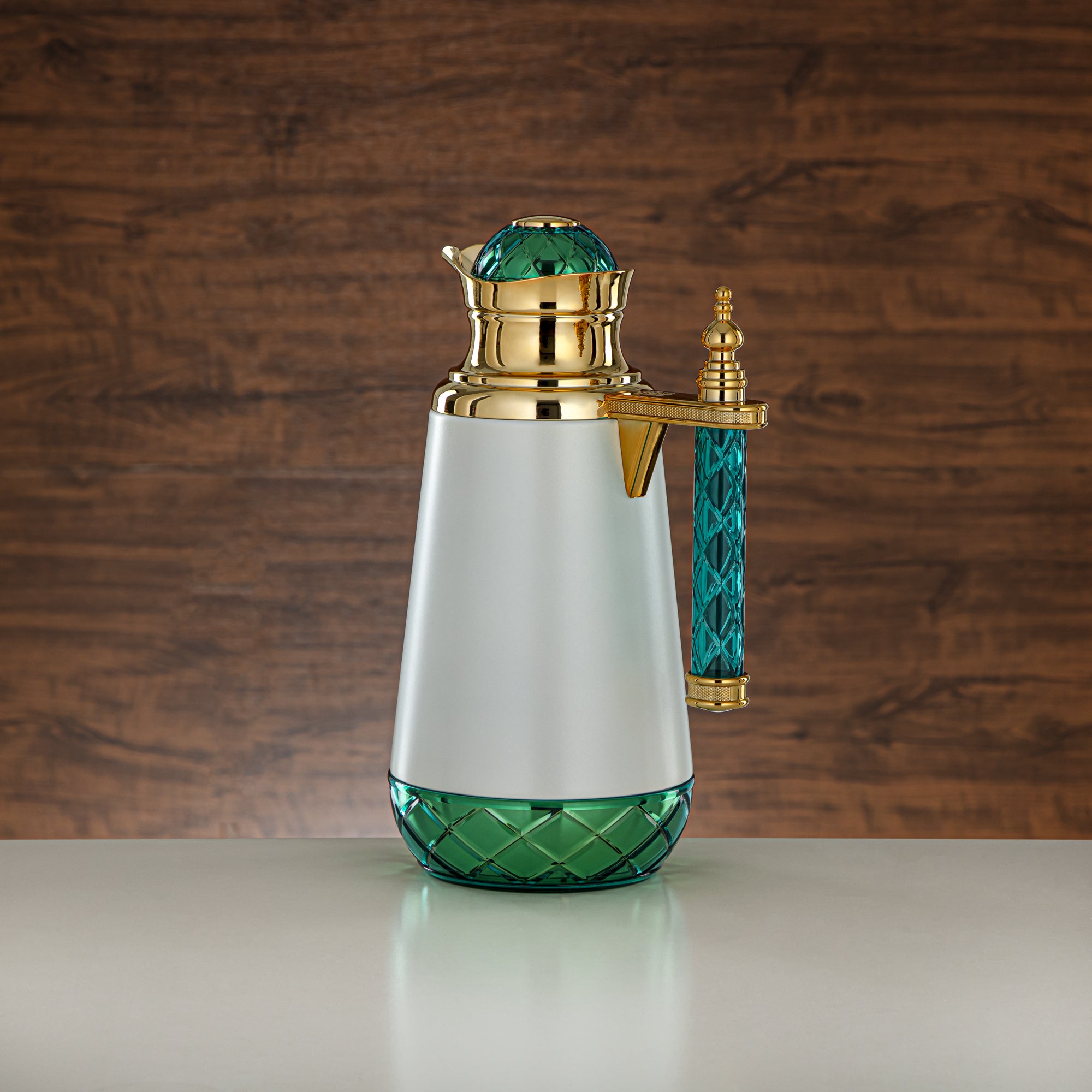 Almarjan Vacuum Flask Set, Push Button, Acrylic Handle - 0.7L + 1L, White, Gold & Green (CBY+CBZ-WGG) - Classic Vacuum Flasks