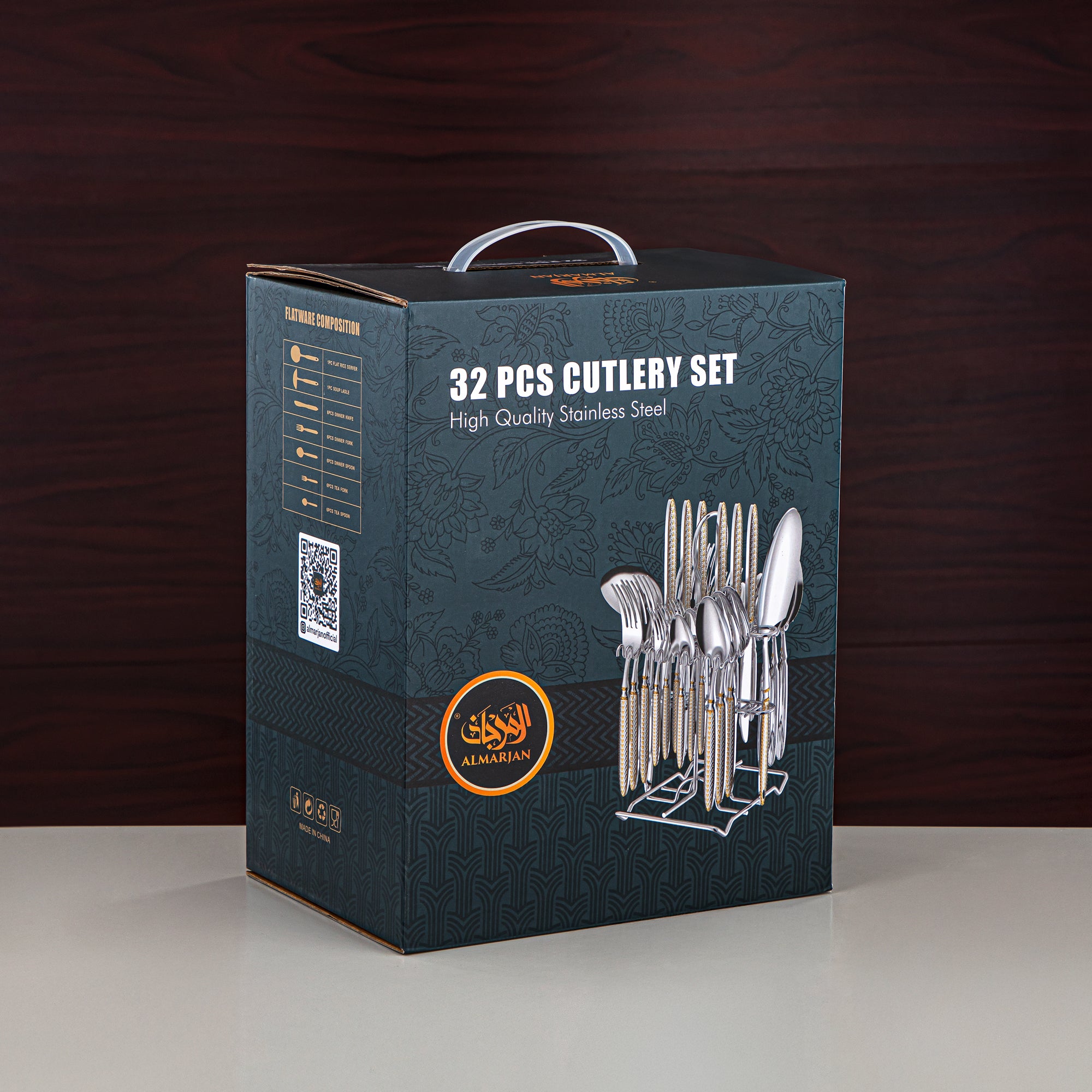 Almarjan Cutlery Set 32 Pieces, Stainless Steel, With Stand, Silver & Gold (CUT0010446) Elegant Cutlery Set