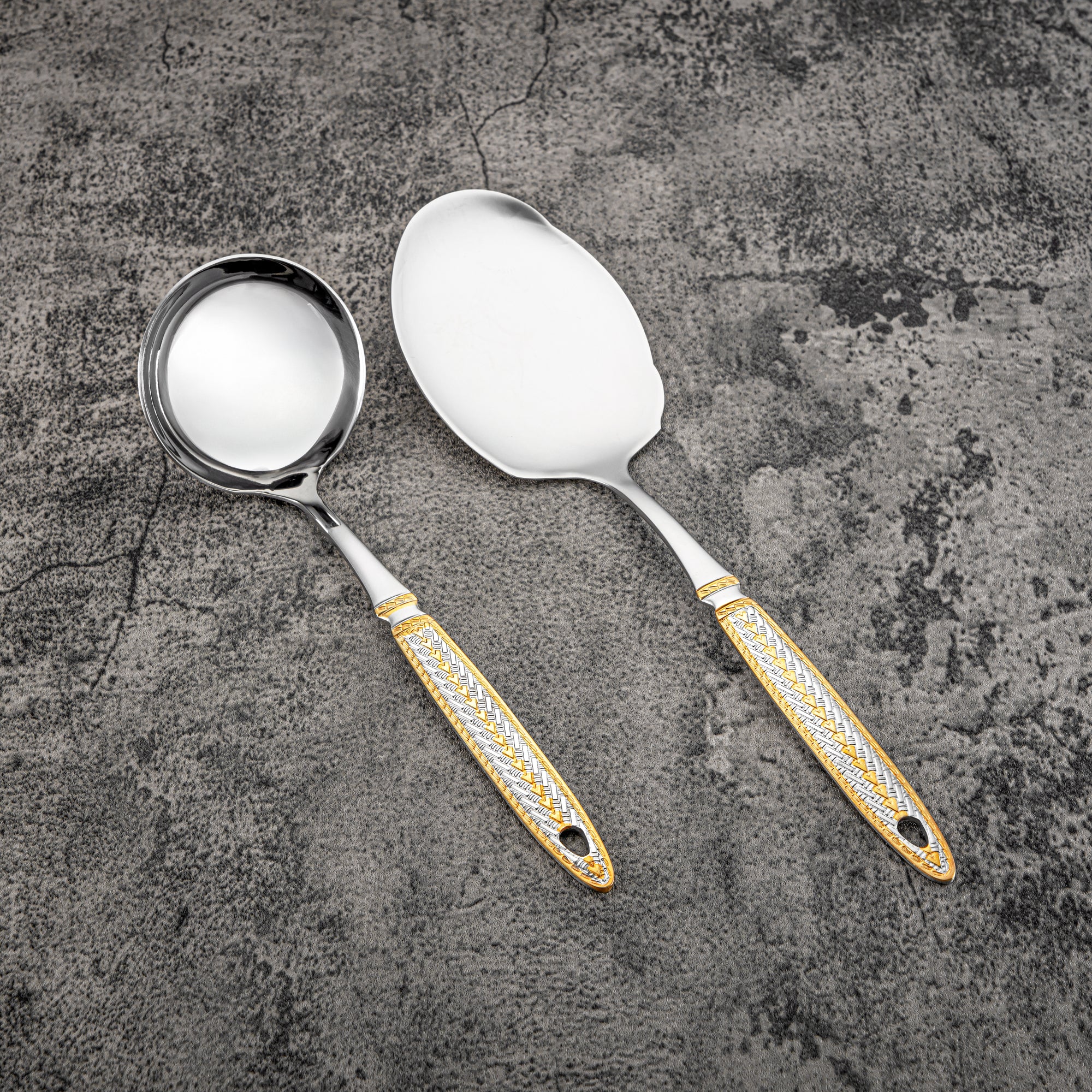 Almarjan Cutlery Set 32 Pieces, Stainless Steel, With Stand, Silver & Gold (CUT0010446) Elegant Cutlery Set