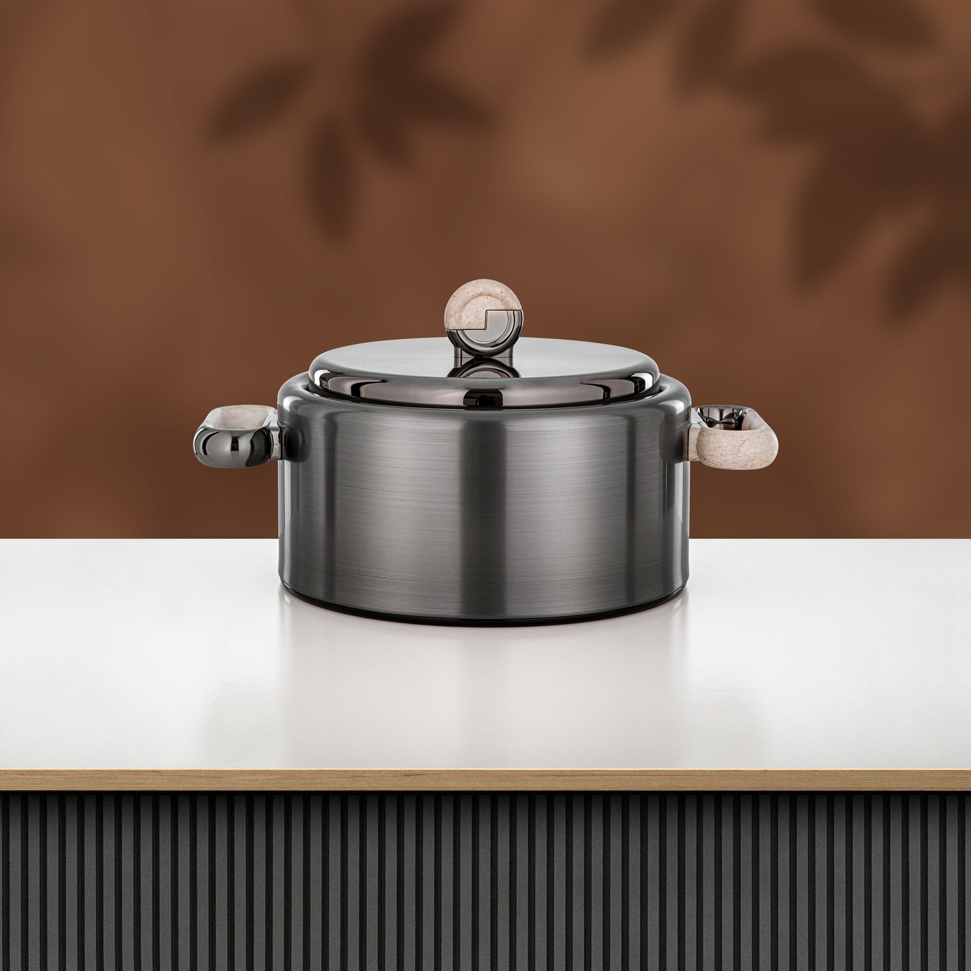 Almarjan 2 Pieces Hot Pot Set, Brushed Matt Gun Black & Travertine Marble