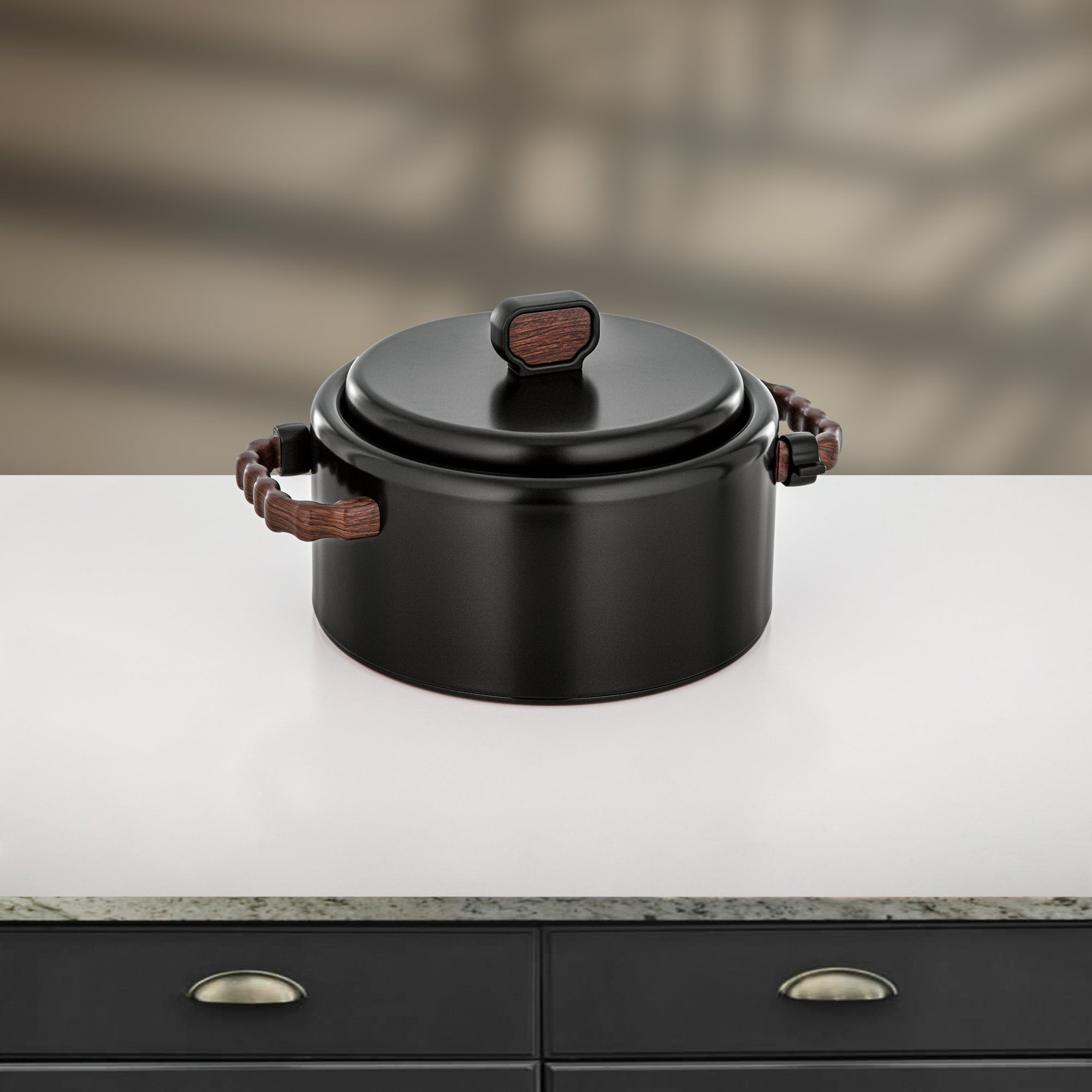 Almarjan 2 Pieces Hot Pot Set, Matt Black & Dark Wood