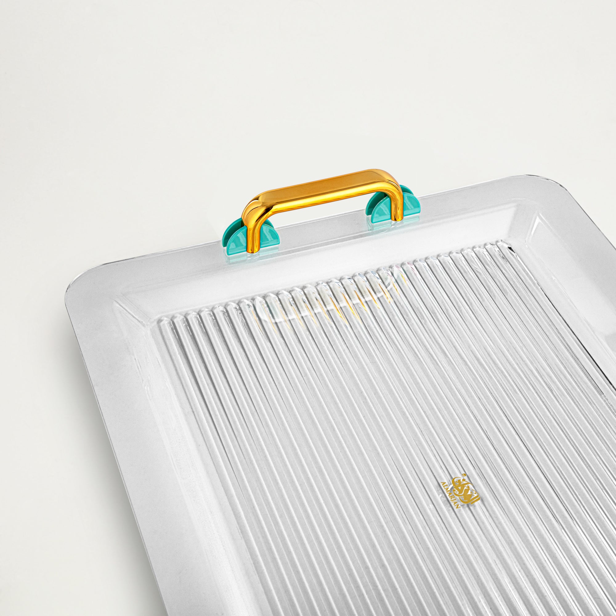 Almarjan Serving Tray 55CM, Acrylic, Gold & Tiffany Green Handle (FB06-550 TF/G) Ramadan Serveware
