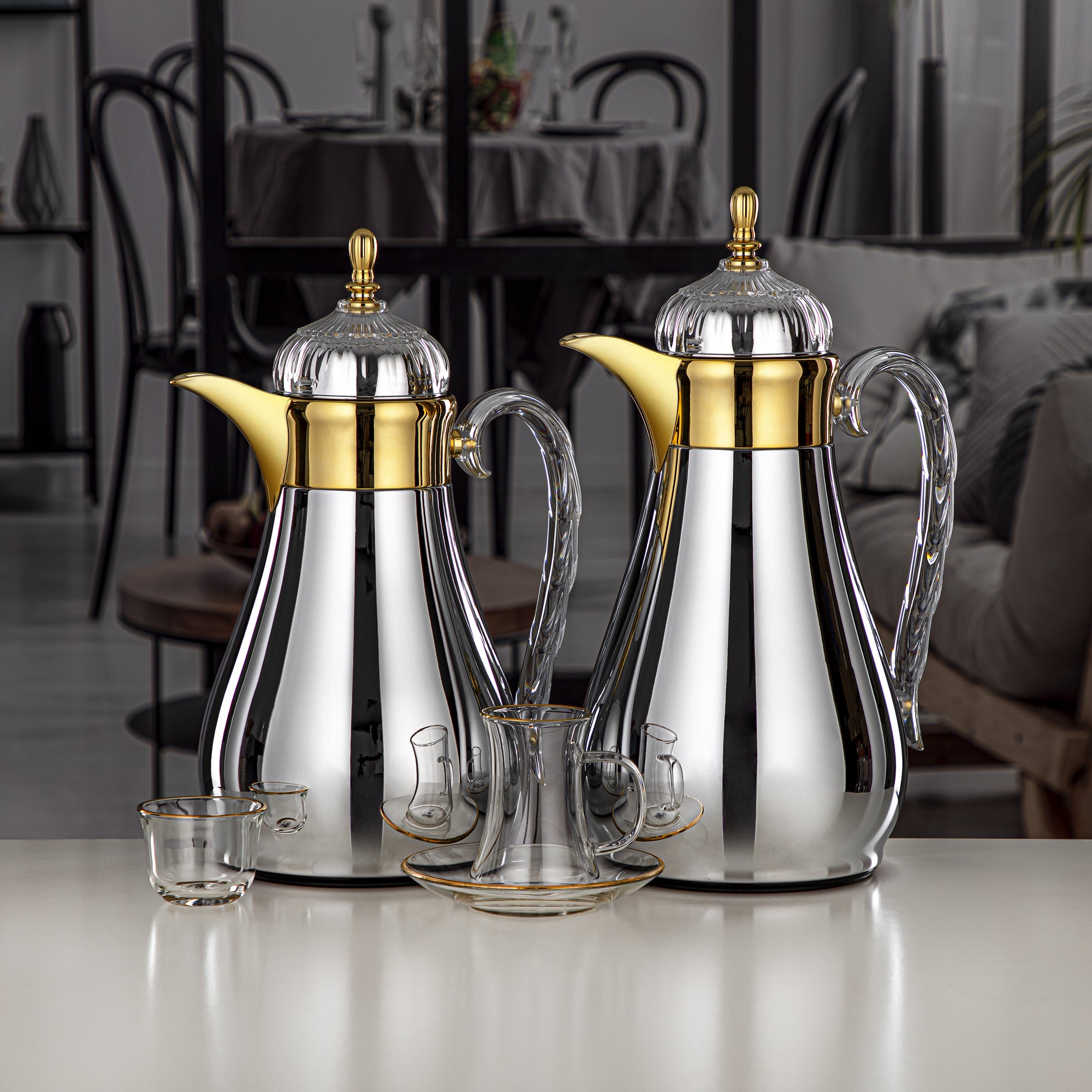 مجموعة طقم ترامس 21 قطعة، زر ضغط، 0.7 لتر + 1 لتر، فضي، ذهبي وشفاف (FG810-21 C/G) - مجموعات ترمس أنيقة