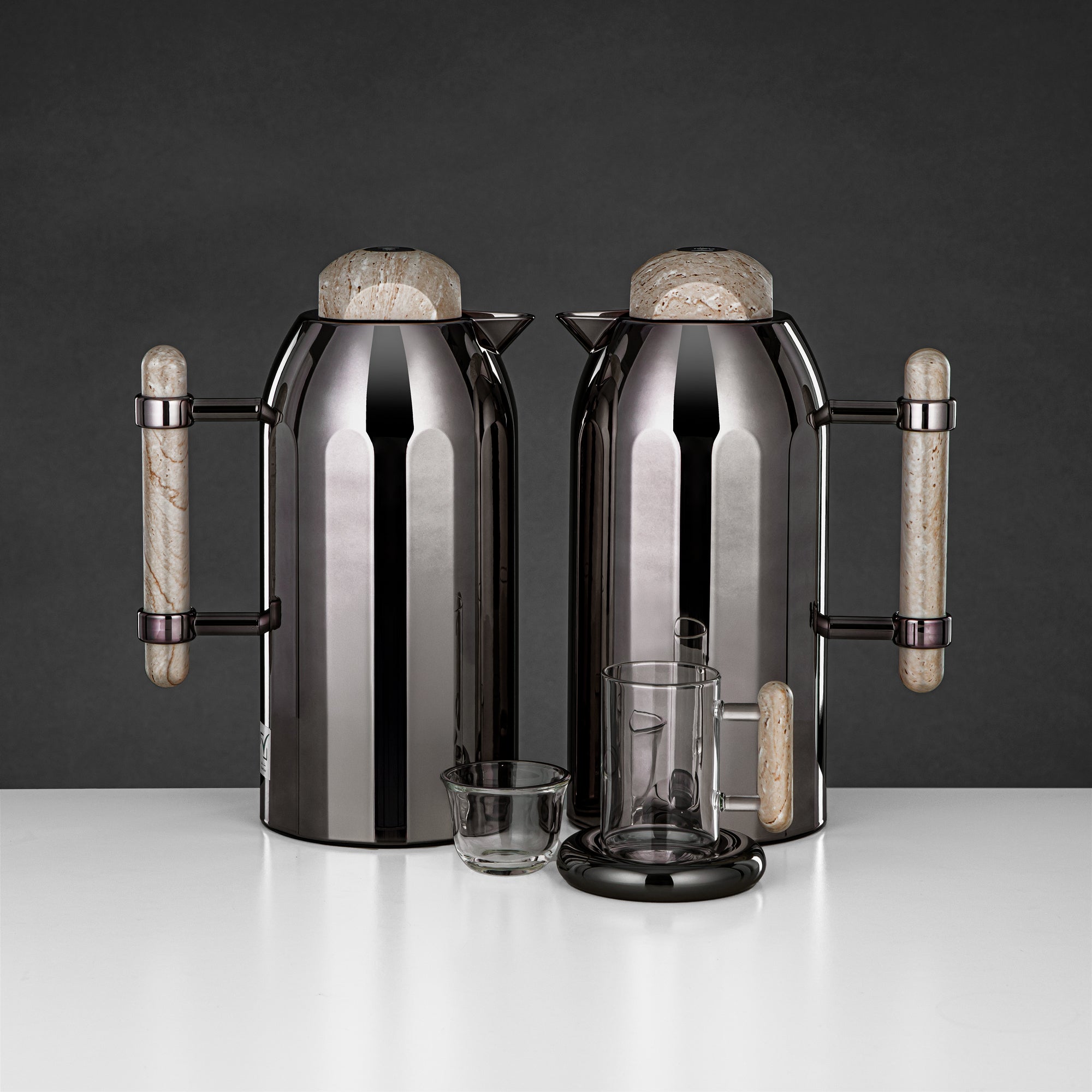 Almarjan Vacuum Flask Set 21-Piece Gun Black with Travertine Handle & Cover 1L + 1L (FG211-21 GBL/TM) – Complete Serving | Ramadan & Gatherings