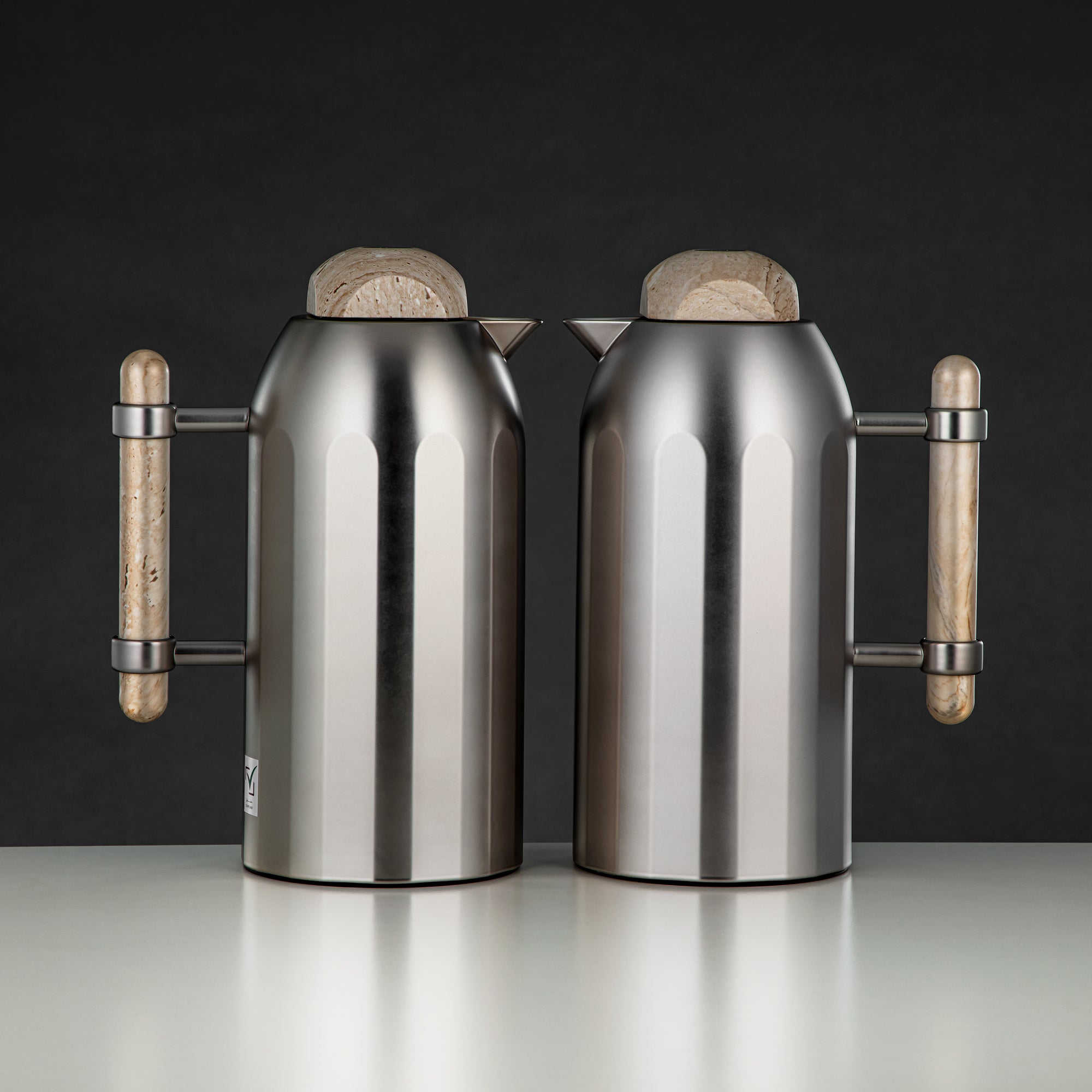 Almarjan Vacuum Flask Set Mat Nickel with Travertine Handle & Cover 1L + 1L (FG211-AB-100 MNI/TM) – Elegant Serving | Ramadan & Gatherings