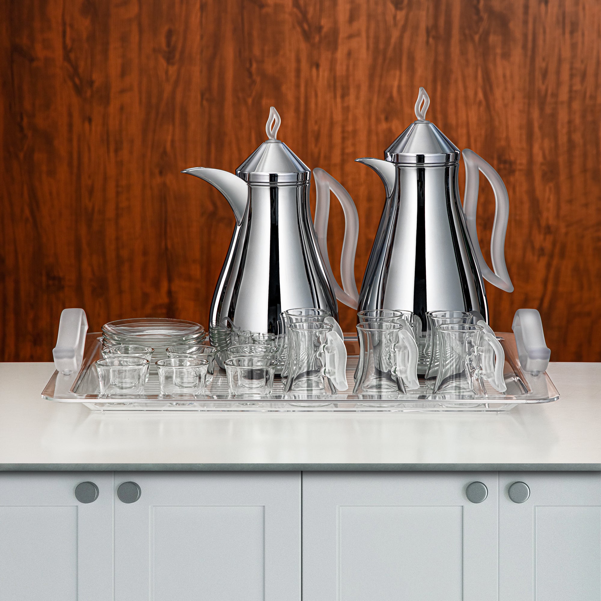 Almarjan Vacuum Flask Set Silver Frost Handle & Knob 21 Pieces (0.7L + 1L) (FG811-21 C/FA) – Elegant Serving | Ramadan & Gatherings