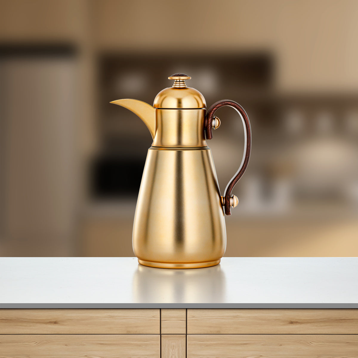 Almarjan Double Wall Vacuum Flask 1 Lit, Matt Gold & Dark Wood