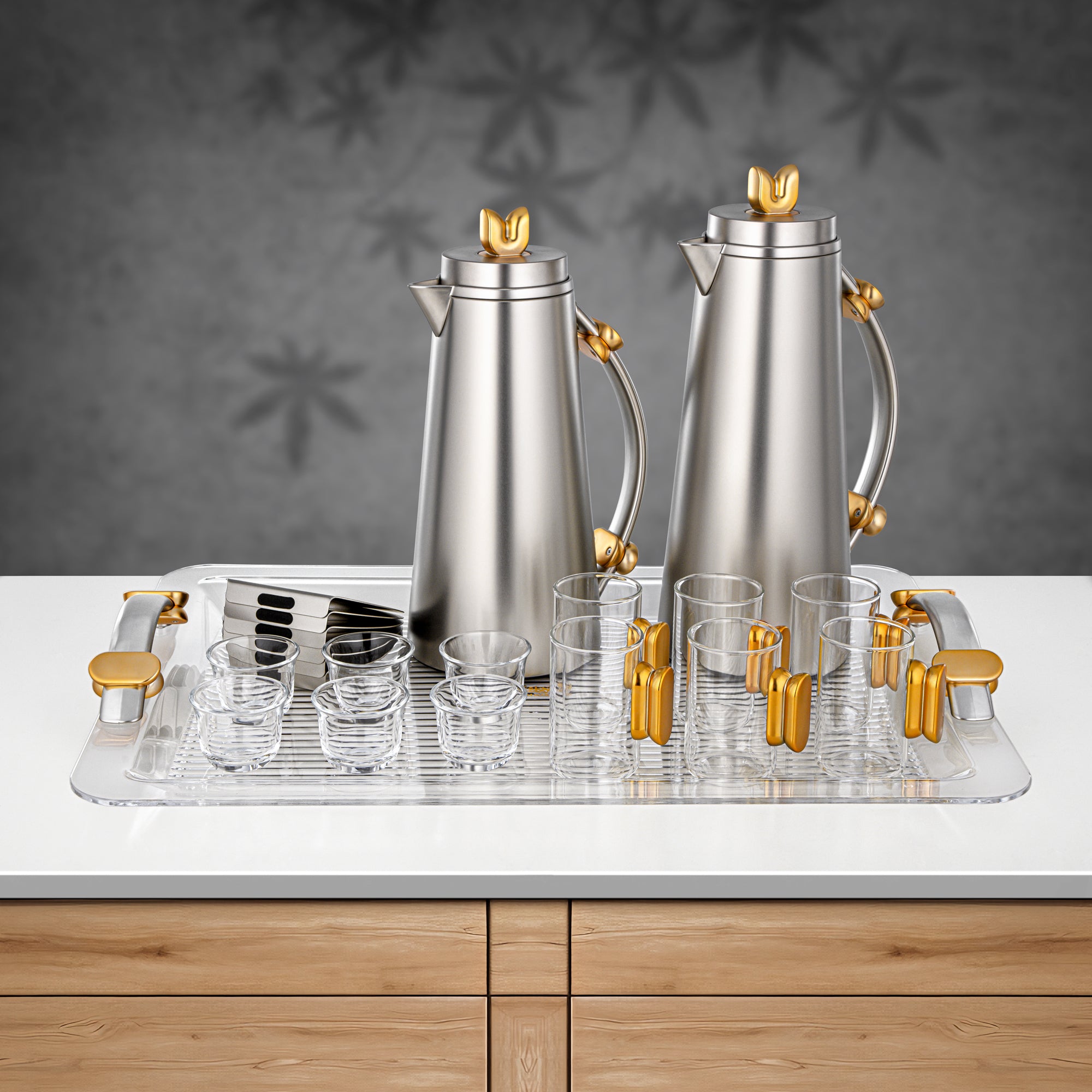 Almarjan 21 Pieces Tea & Coffee Set, Matt Nickel & Matt Gold