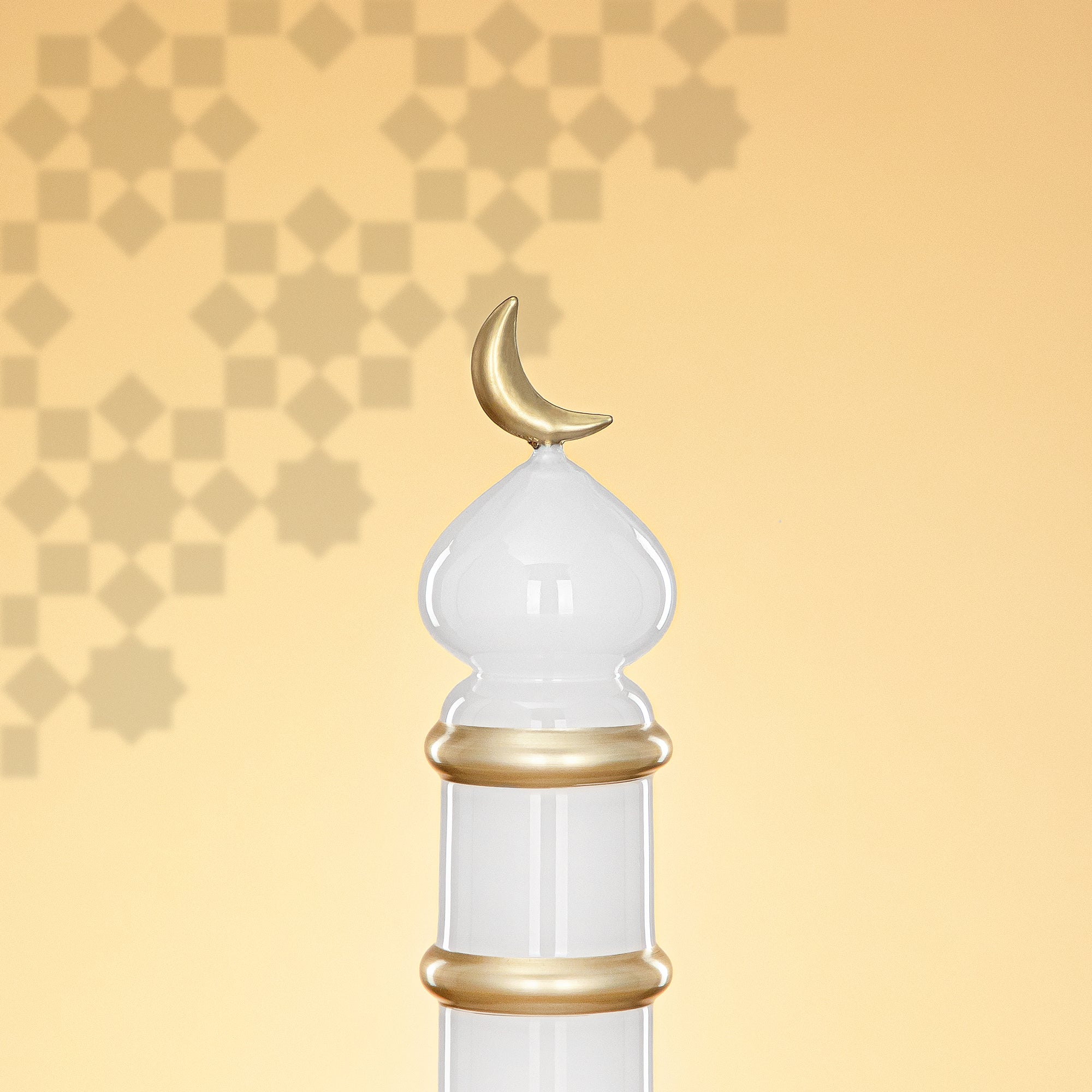 Almarjan Minaret Table Decoration 24cm x 7cm White with Golden Lines & Crescent Moon – Noor Al Layali