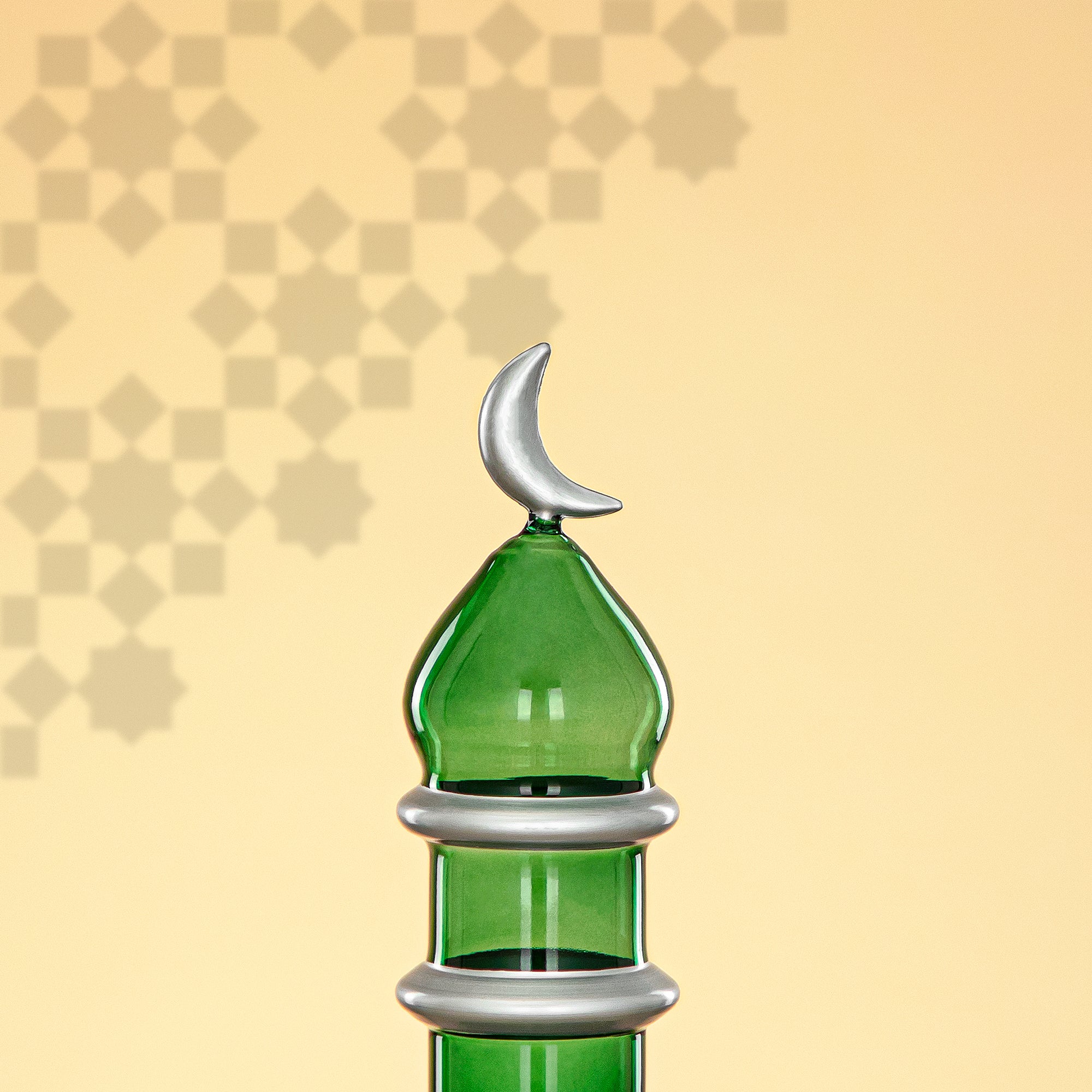 Almarjan Minaret Table Decoration 16.5cm x 6cm Transparent Green with Silver Lines & Crescent Moon – Noor Al Layali
