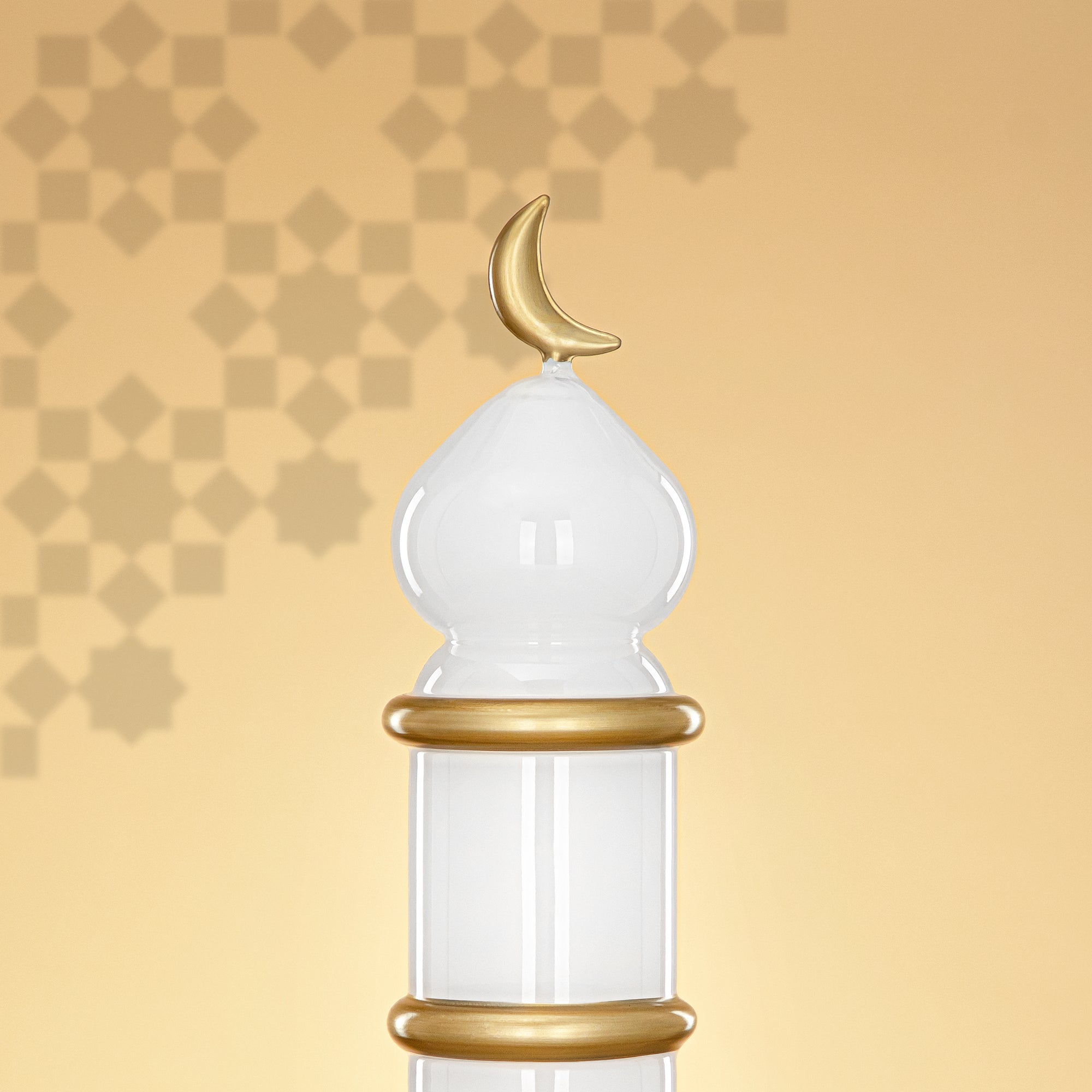 Almarjan Minaret Table Decoration 34cm x 10cm White with Golden Lines & Crescent Moon – Noor Al Layali