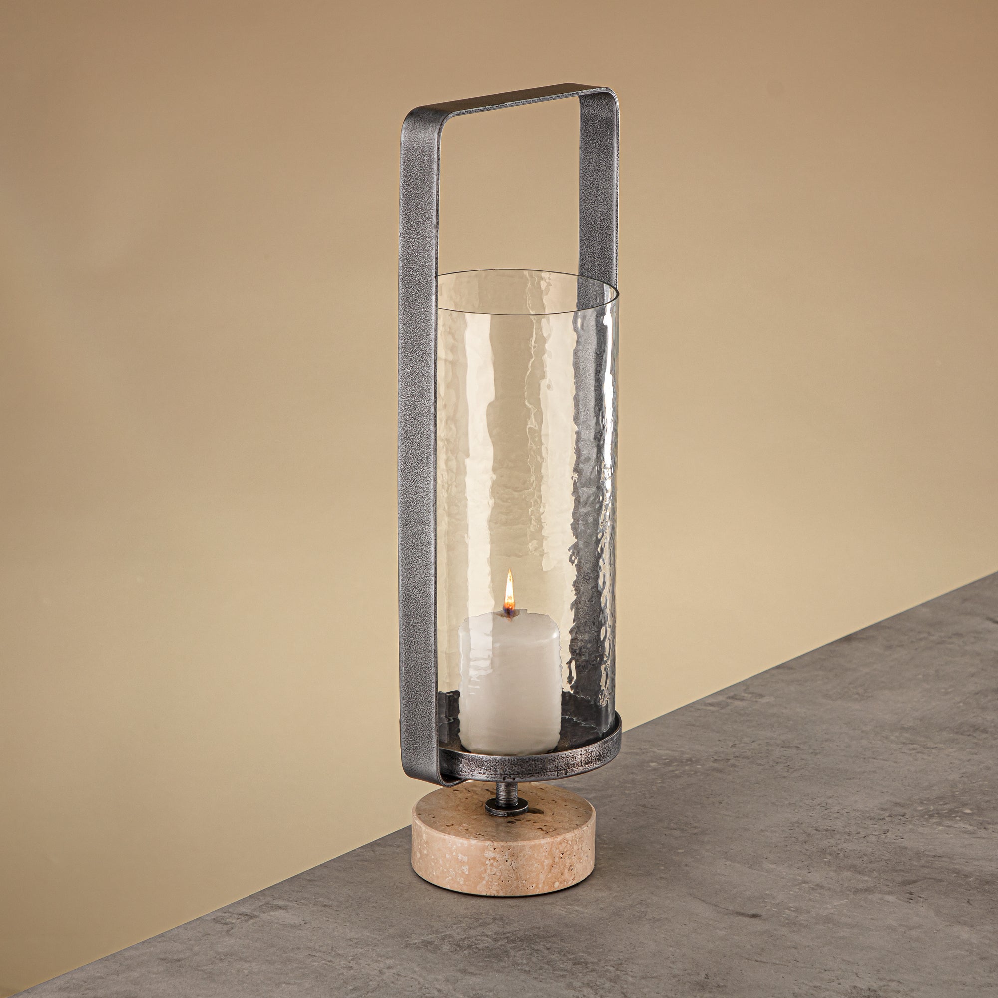 Almarjan Kalon Hurricane Lantern Hammered Clear Glass 16x10.5x43.5 CM Brushed Grey & Travertine Base (GMT2960030)