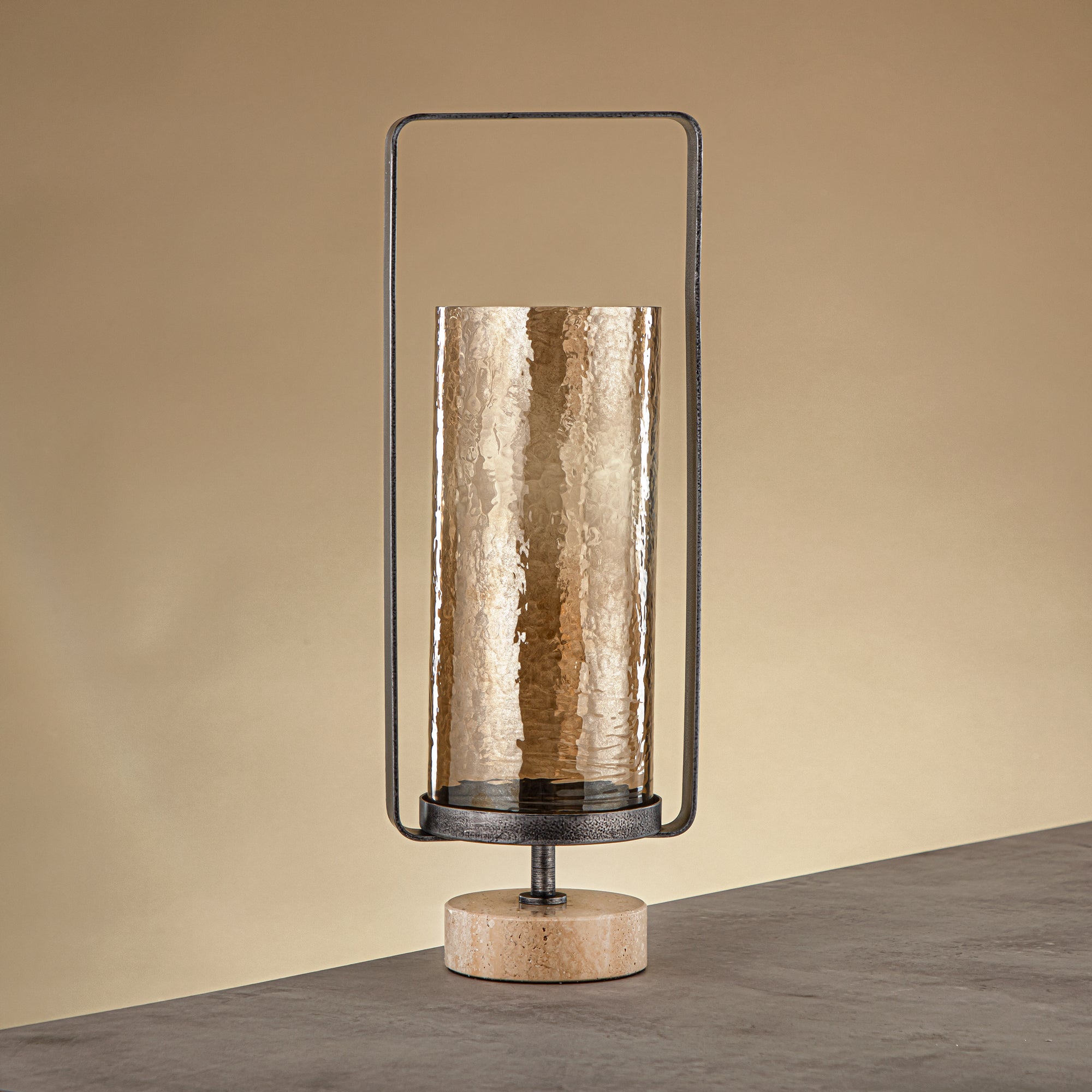 Almarjan Kalon Hurricane Lantern Hammered Copper Brown Glass 16x10.5x43.5 CM Brushed Grey & Travertine Base (GMT2960032)