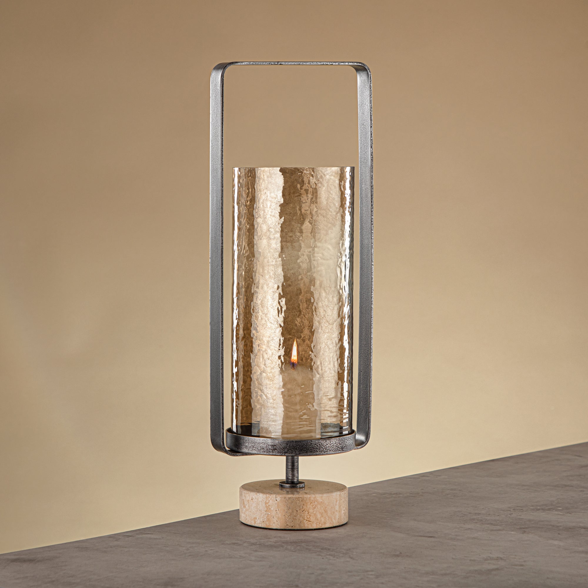 Almarjan Kalon Hurricane Lantern Hammered Copper Brown Glass 16x10.5x43.5 CM Brushed Grey & Travertine Base (GMT2960032)