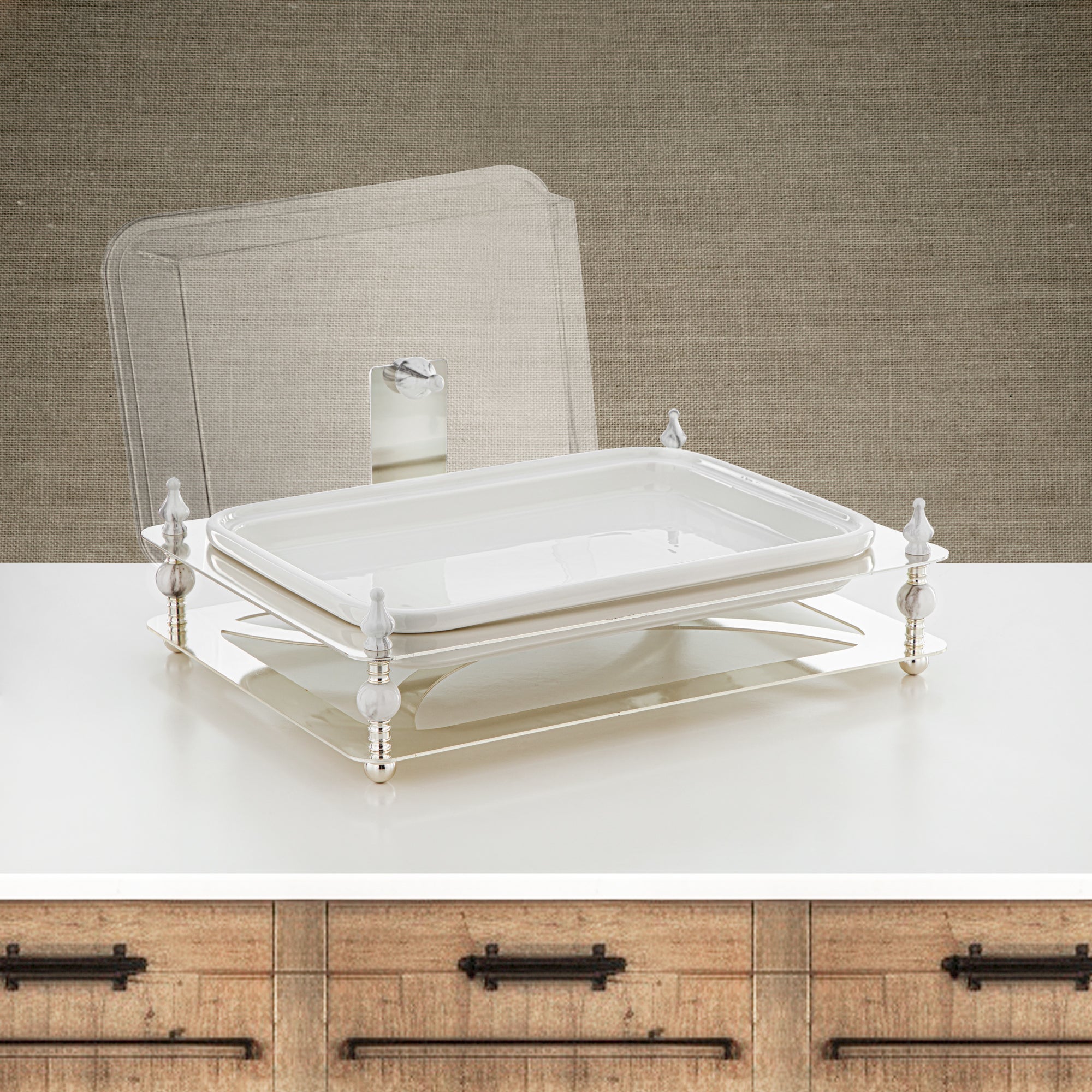 Almarjan 41 CM Serving Tray With Acrylic Cover Silver - HM4111-S