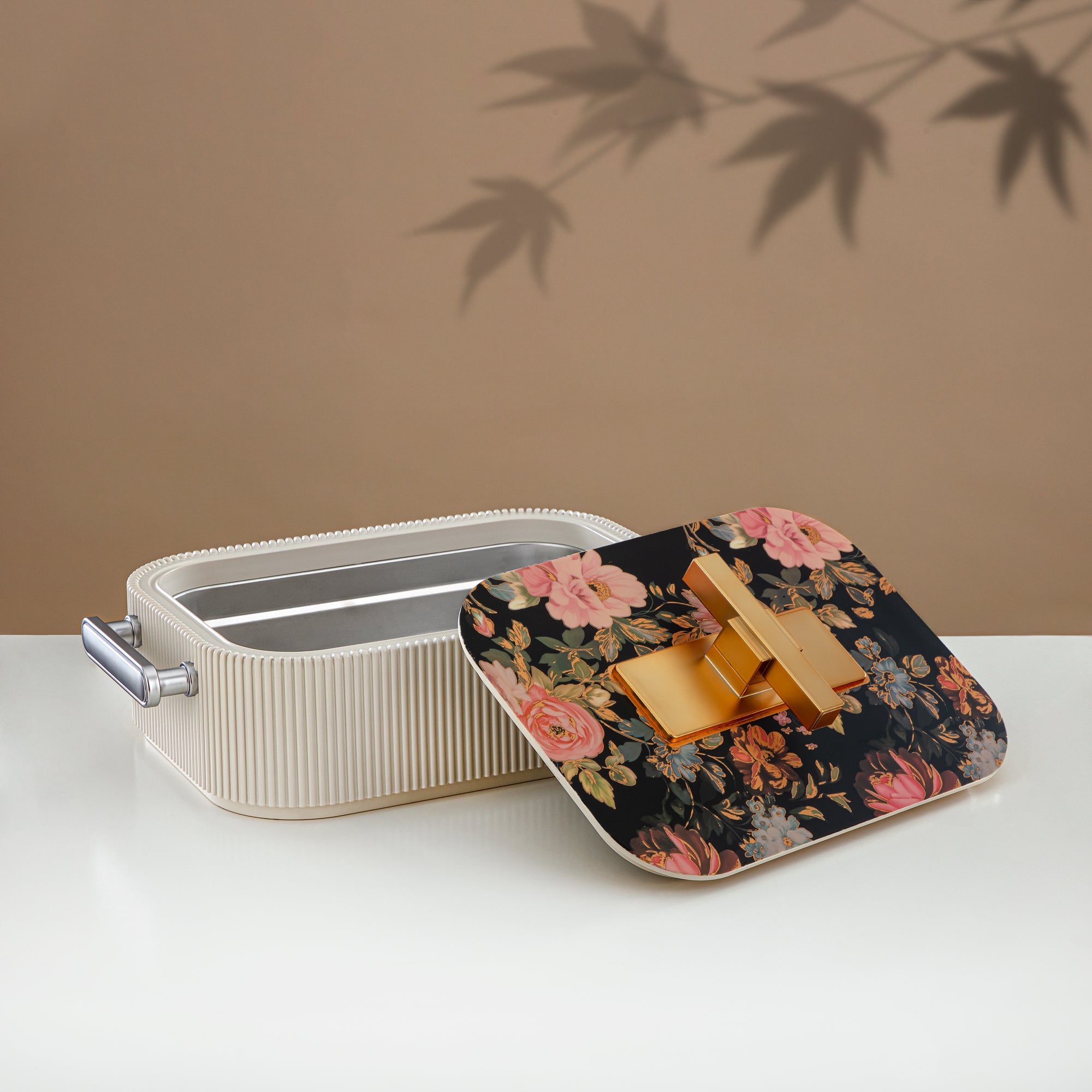 Almarjan Hot Pot ABS, 3000ML, Floral Beige & Matt Gold (HP06-300SP-AZ04G) - Elegant Serving