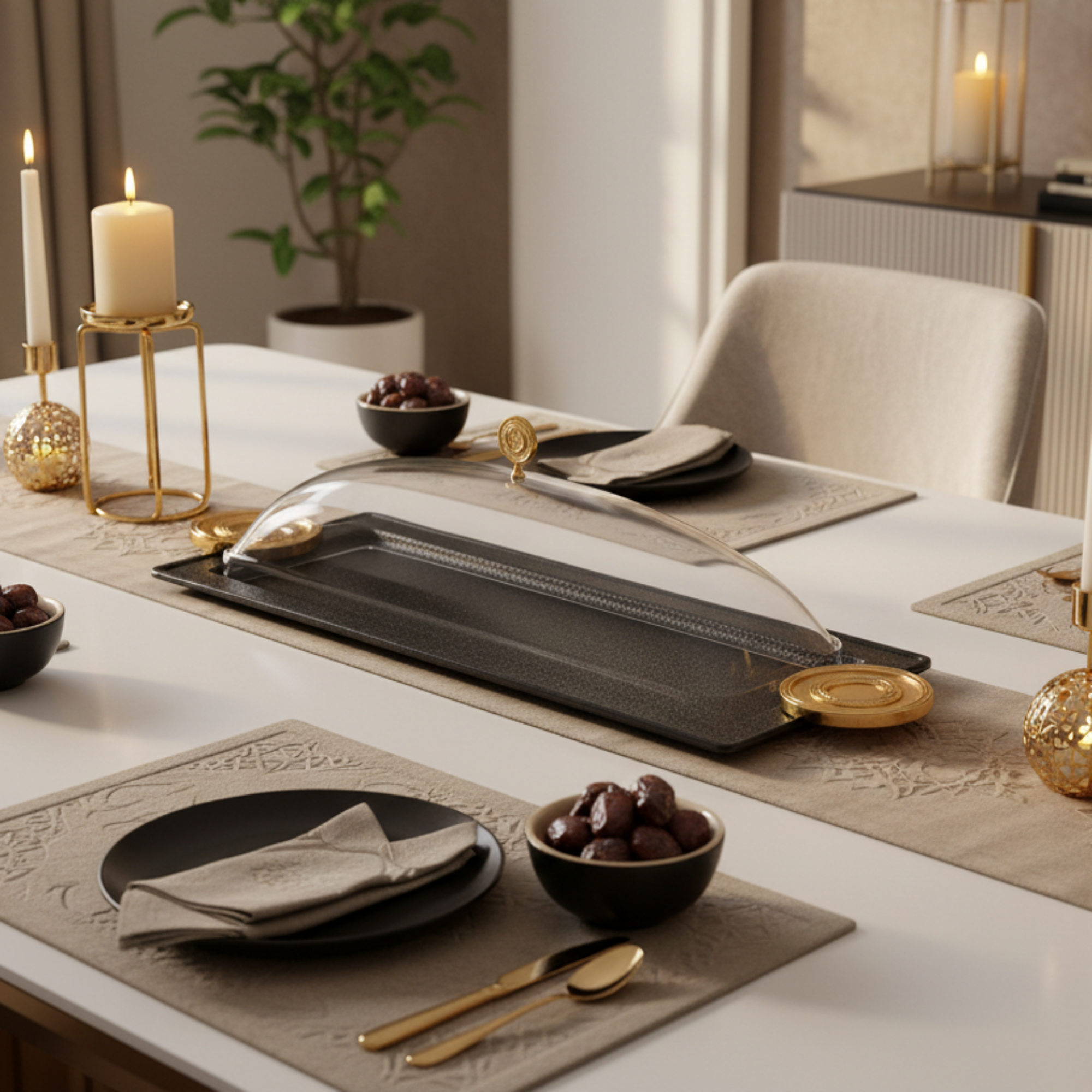 Almarjan Serving Tray with Cover 56 cm Black & Gold Crackle