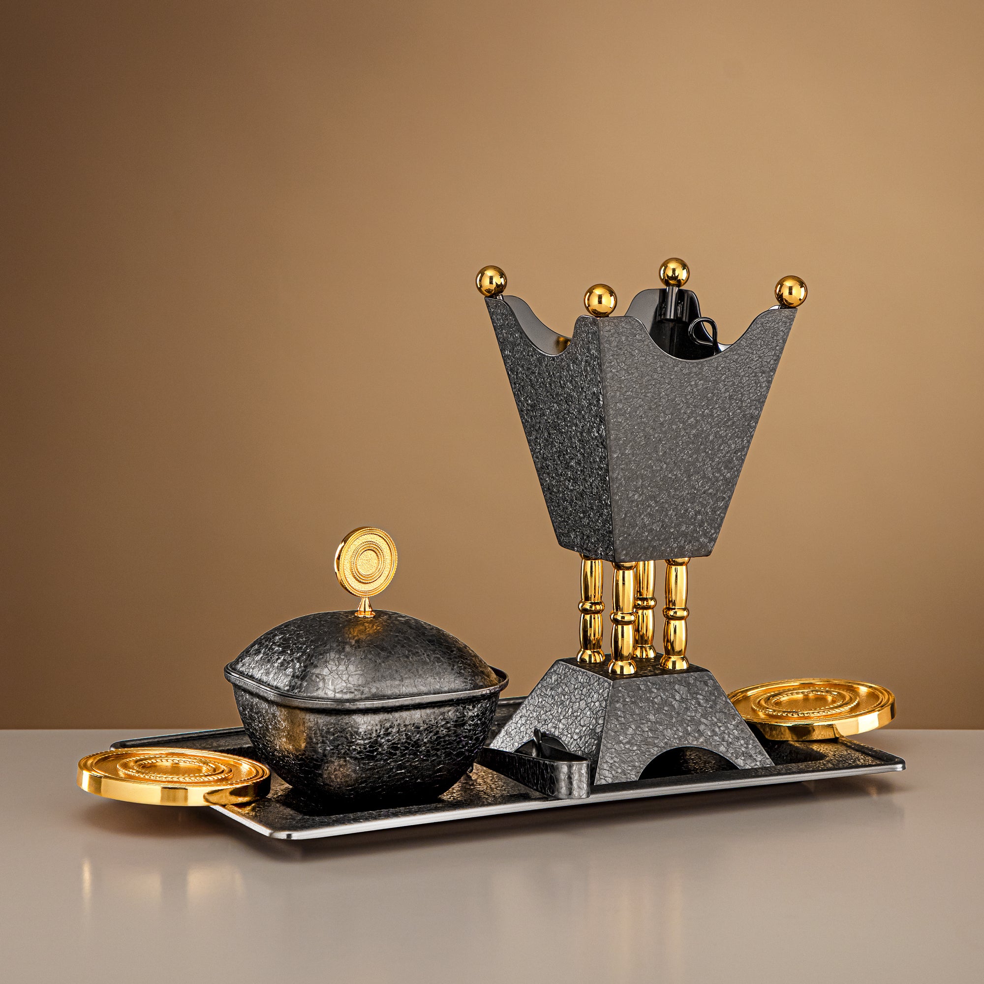 Almarjan Incense Burner Set 4-Piece Black & Gold