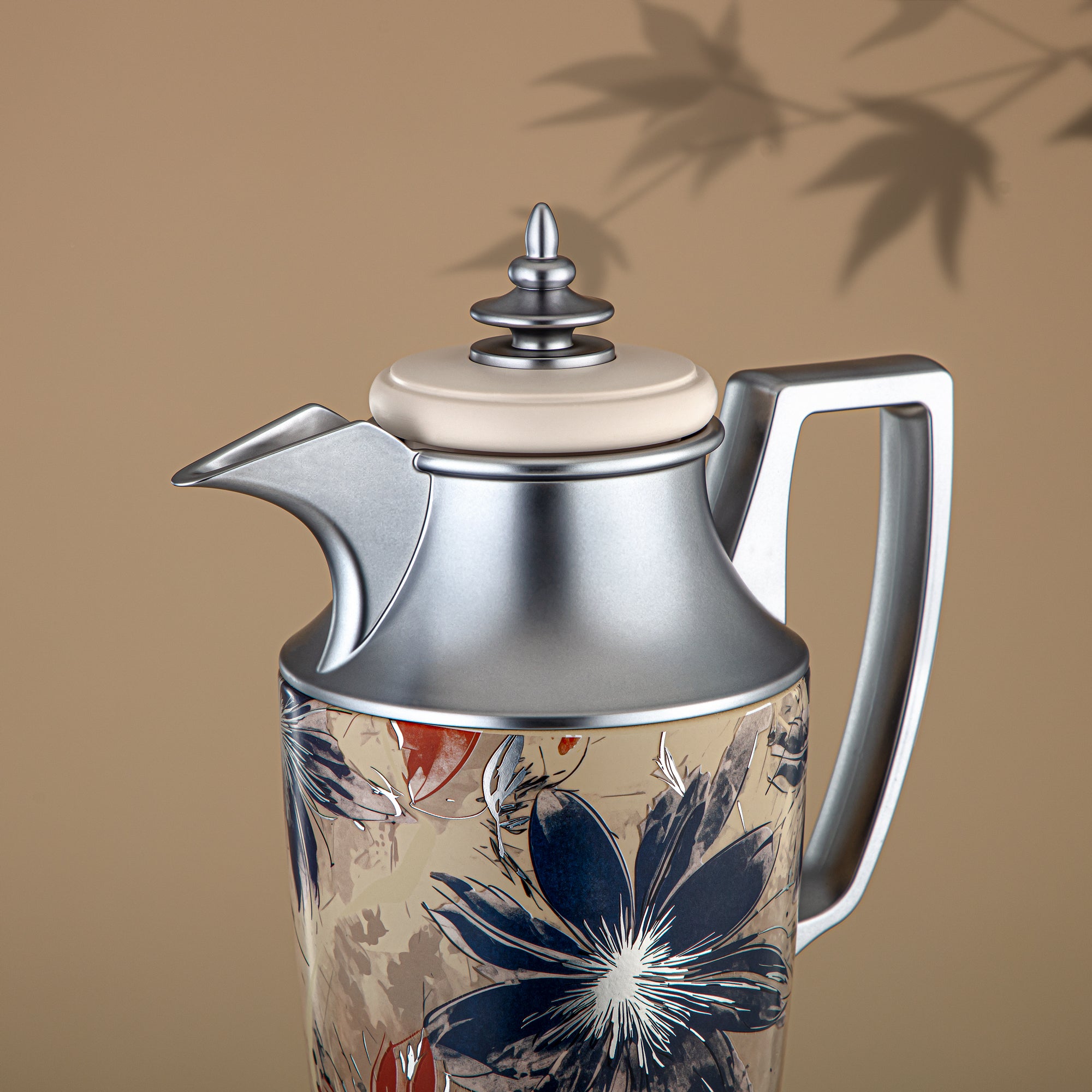 Almarjan Vacuum Flask Set, Push Button, 1L + 1L, Floral & Matt Silver (JBH10T/10C-AZ05S) - Tea & Coffee Vacuum Flask