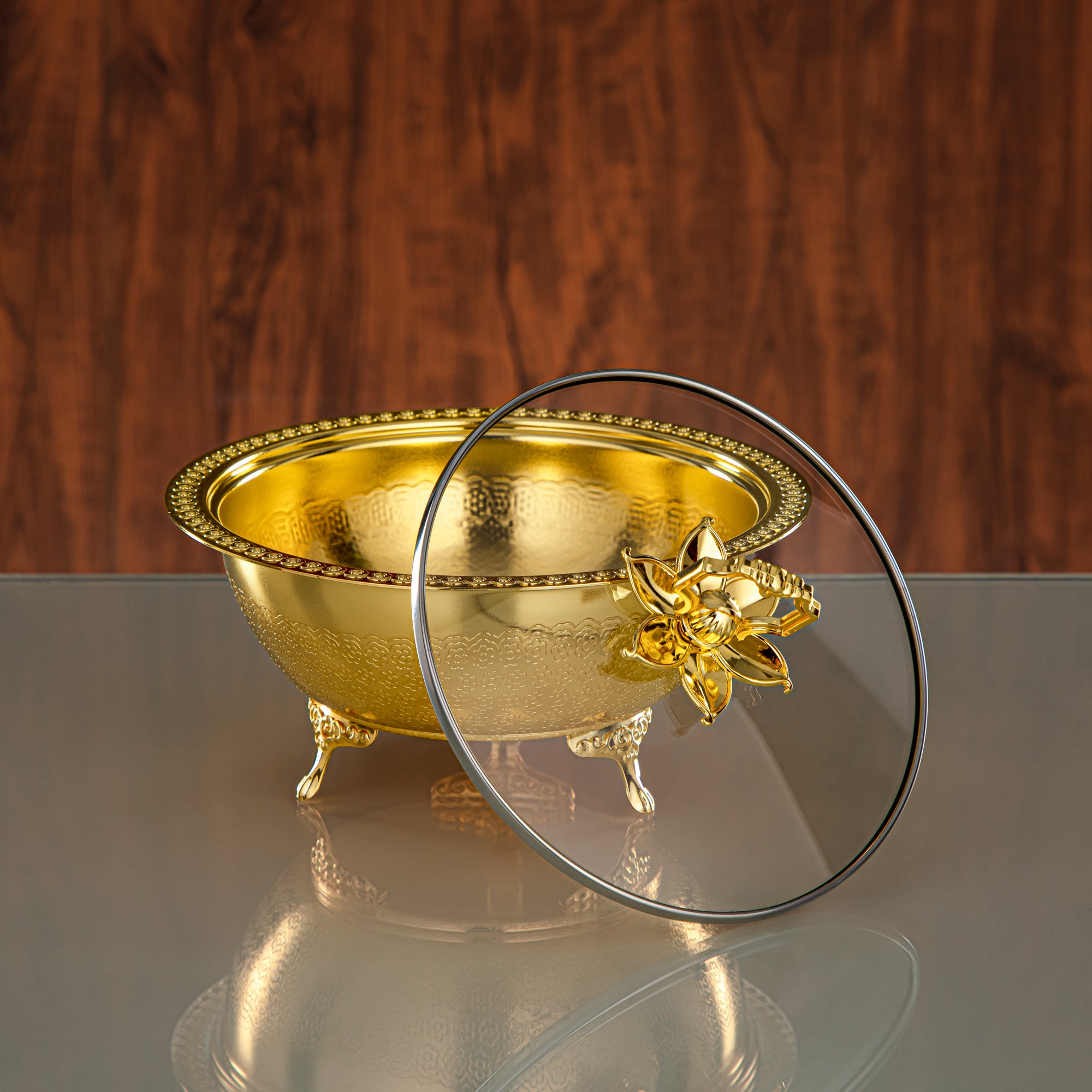 Almarjan Brushed Gold Date Bowl with Glass Cover – 21 CM