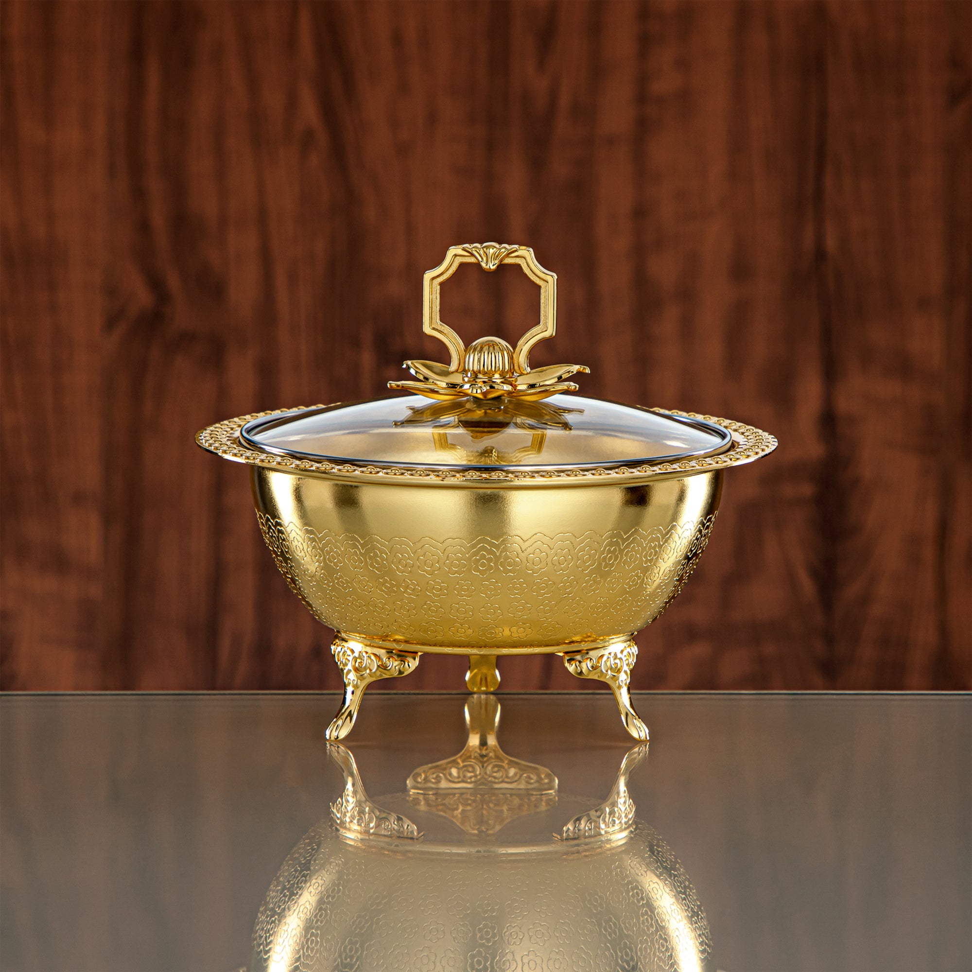 Almarjan Brushed Gold Date Bowl with Glass Cover – 18 CM
