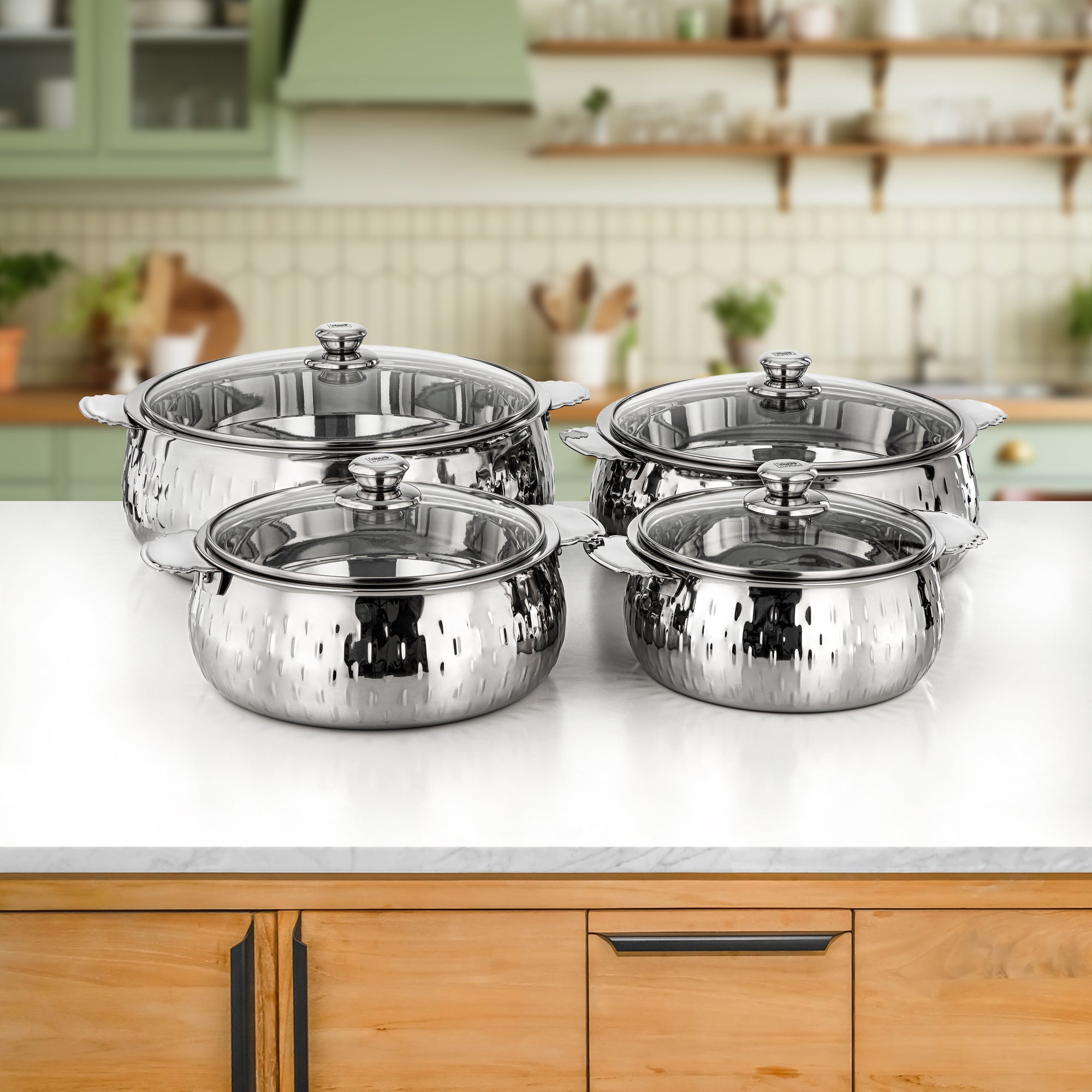 Almarjan Hot Pot Set Stainless Steel 3L + 4L + 6L + 9L Silver with Glass Lid (H25M19)