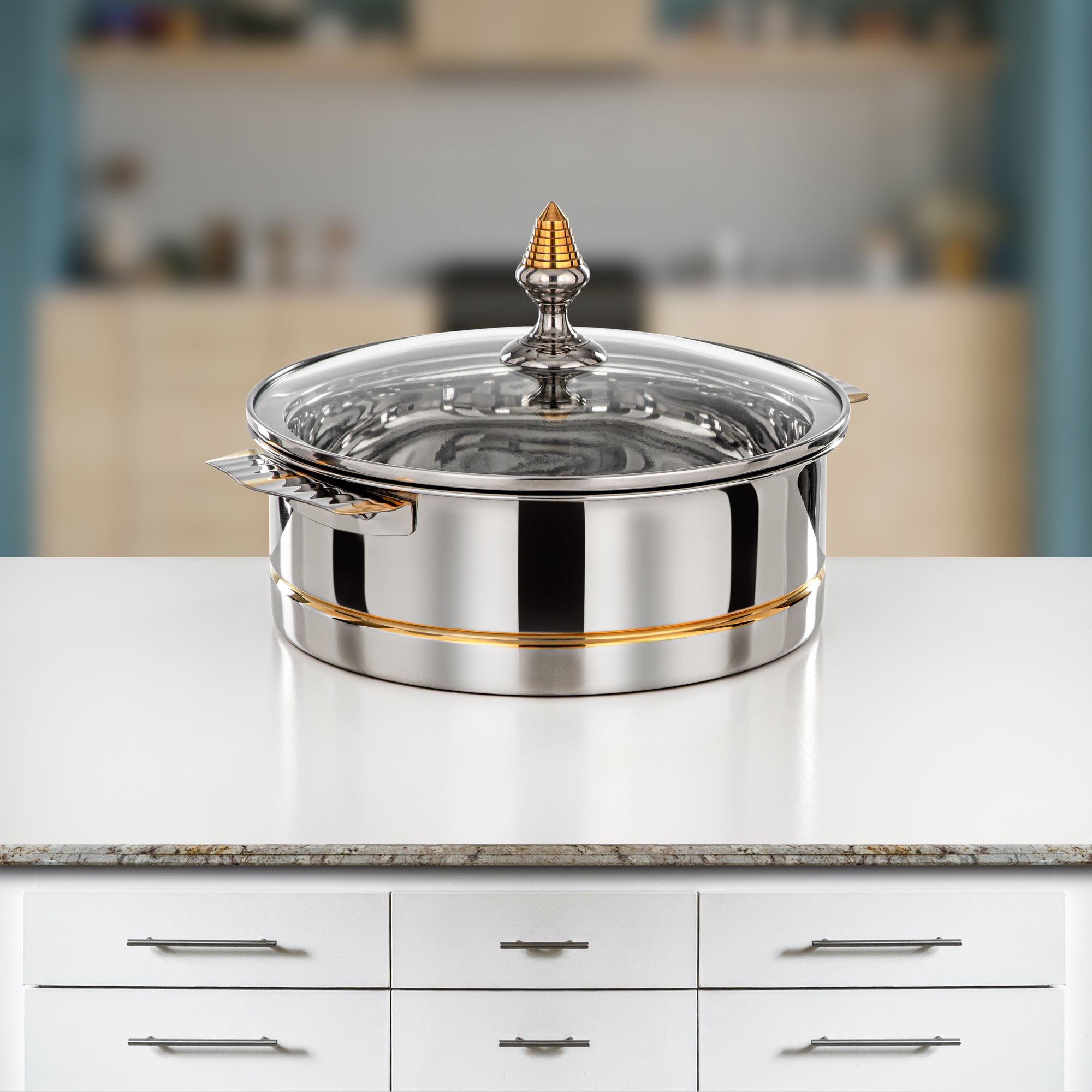 Almarjan Hot Pot Stainless Steel, Glass Cover, Silver & Gold, 25CM (H25PG3) - Lara Collection, Elegant Dining Experiences