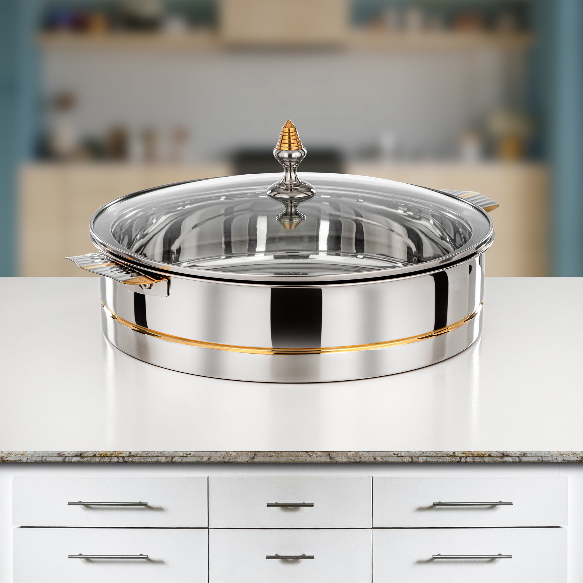Almarjan Hot Pot Stainless Steel, Glass Cover, Silver & Gold, 35CM (H25PG3) - Lara Collection, Elegant Dining Experiences