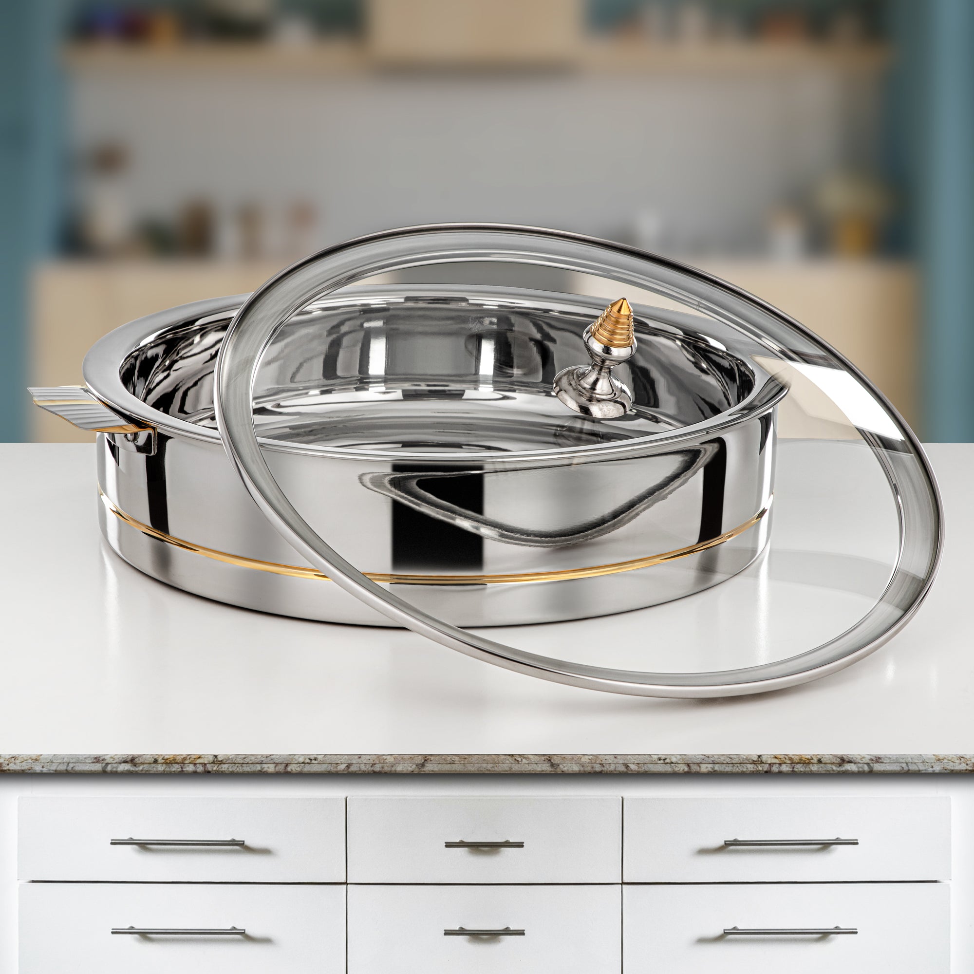 Almarjan Hot Pot Stainless Steel, Glass Cover, Silver & Gold, 40CM (H25PG3) - Lara Collection, Elegant Dining Experiences