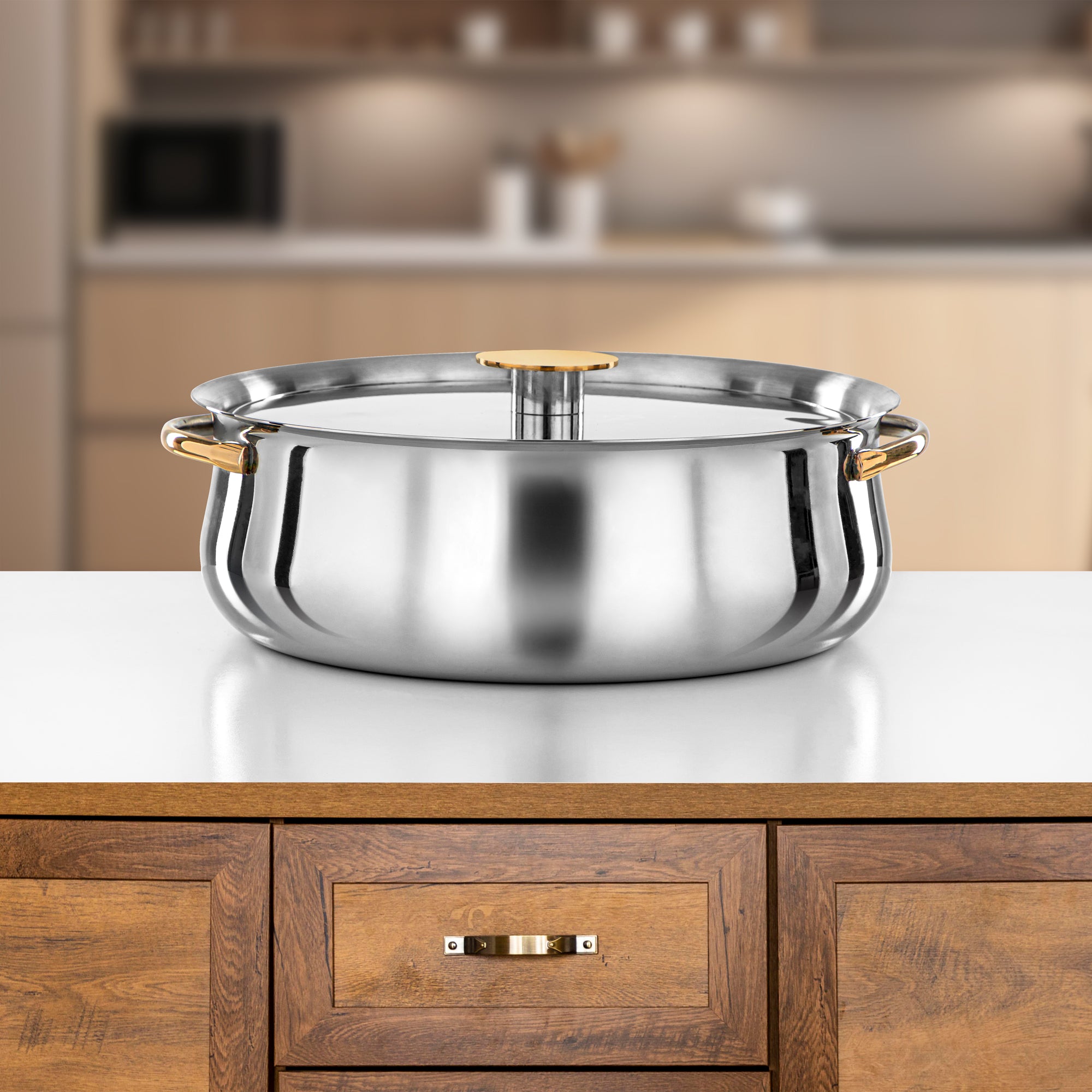 Almarjan Hot Pot Set Stainless Steel 25cm + 30cm + 35cm Silver & Gold (H25PG15)