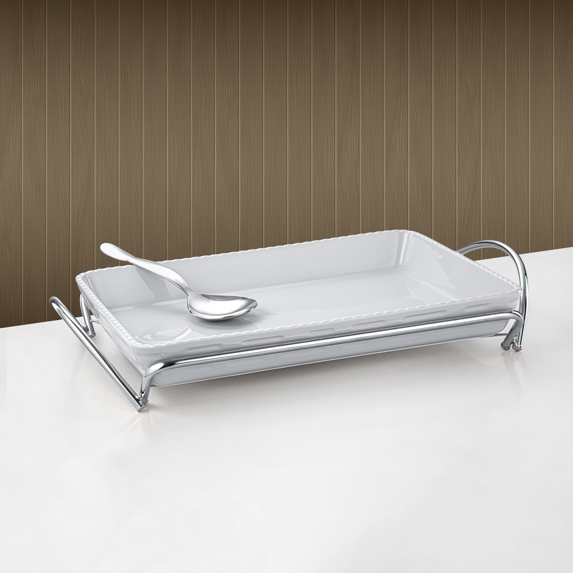 Almarjan Rectangular Serving Dish 45cm Silver & White