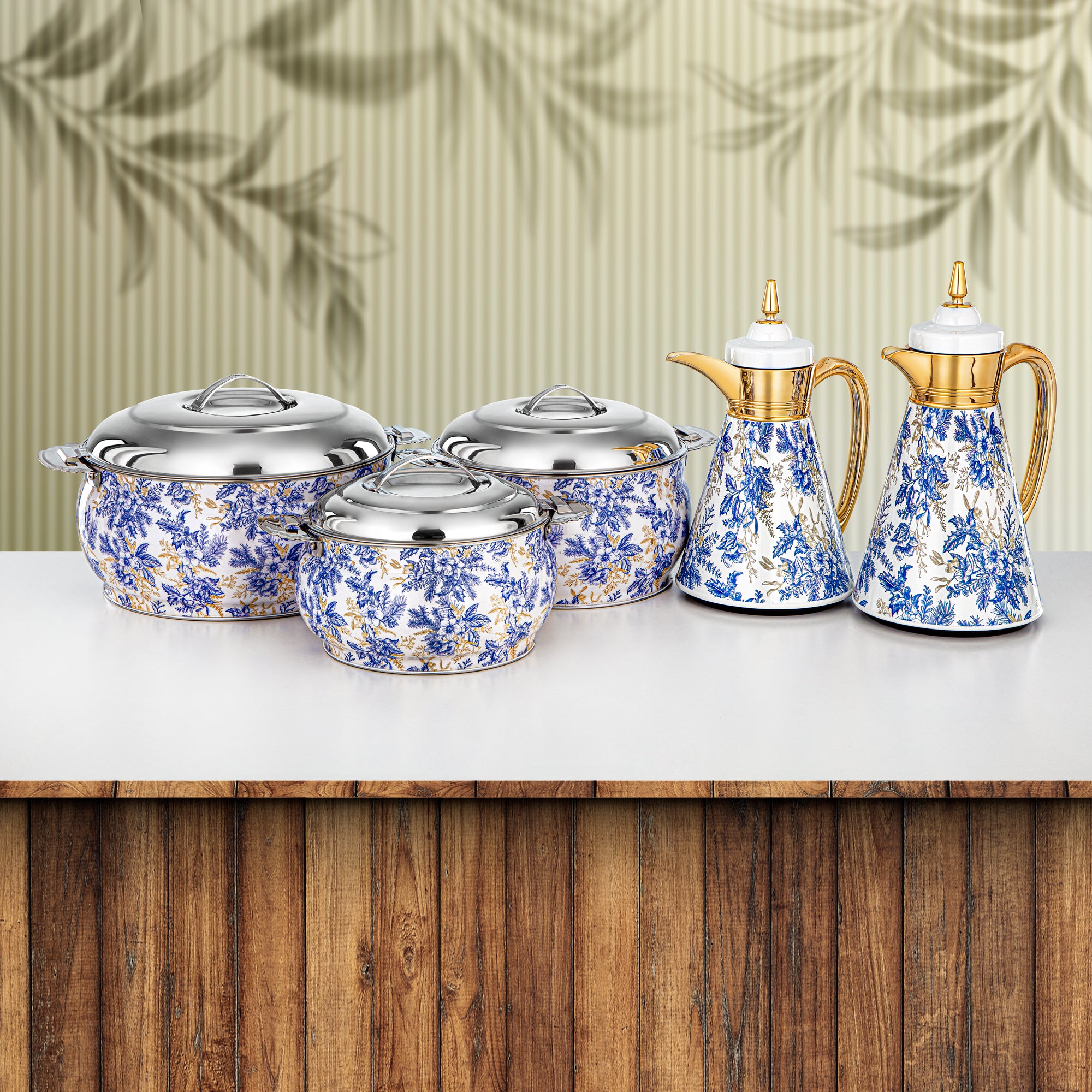 Almarjan Hot Pot & Vacuum Flask Set Floral Design Blue & Gold